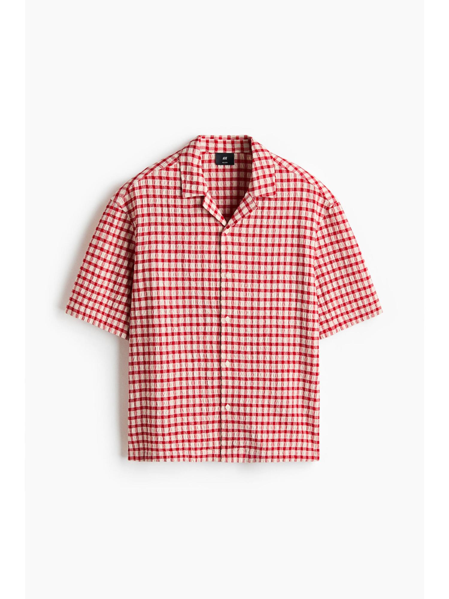 H&M Men Red Relaxed Fit Seersucker Resort Shirt