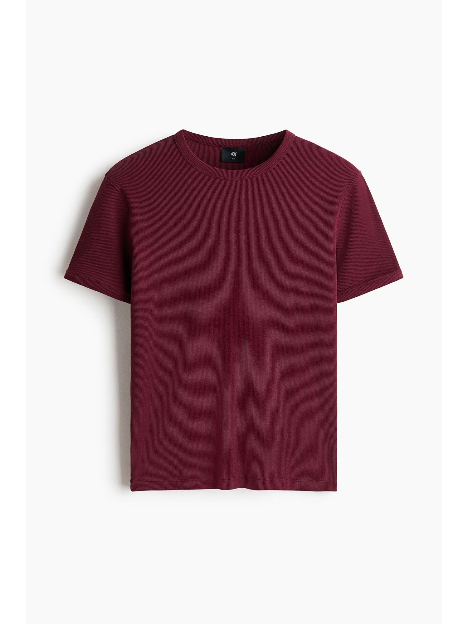 H&M Men Red Slim Fit Ribbed T-Shirt