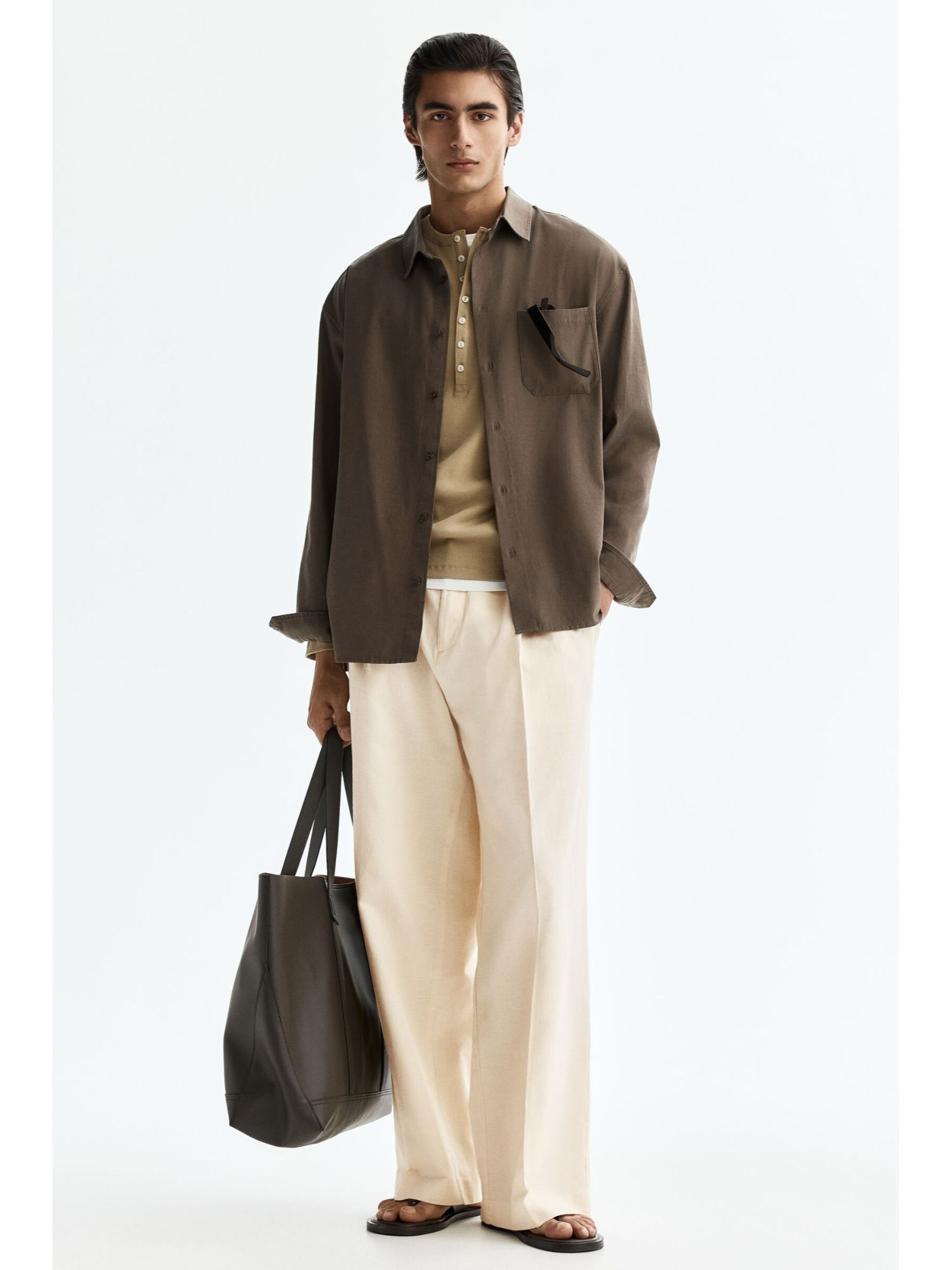 H&M Men White Loose Fit Linen-Blend Trousers