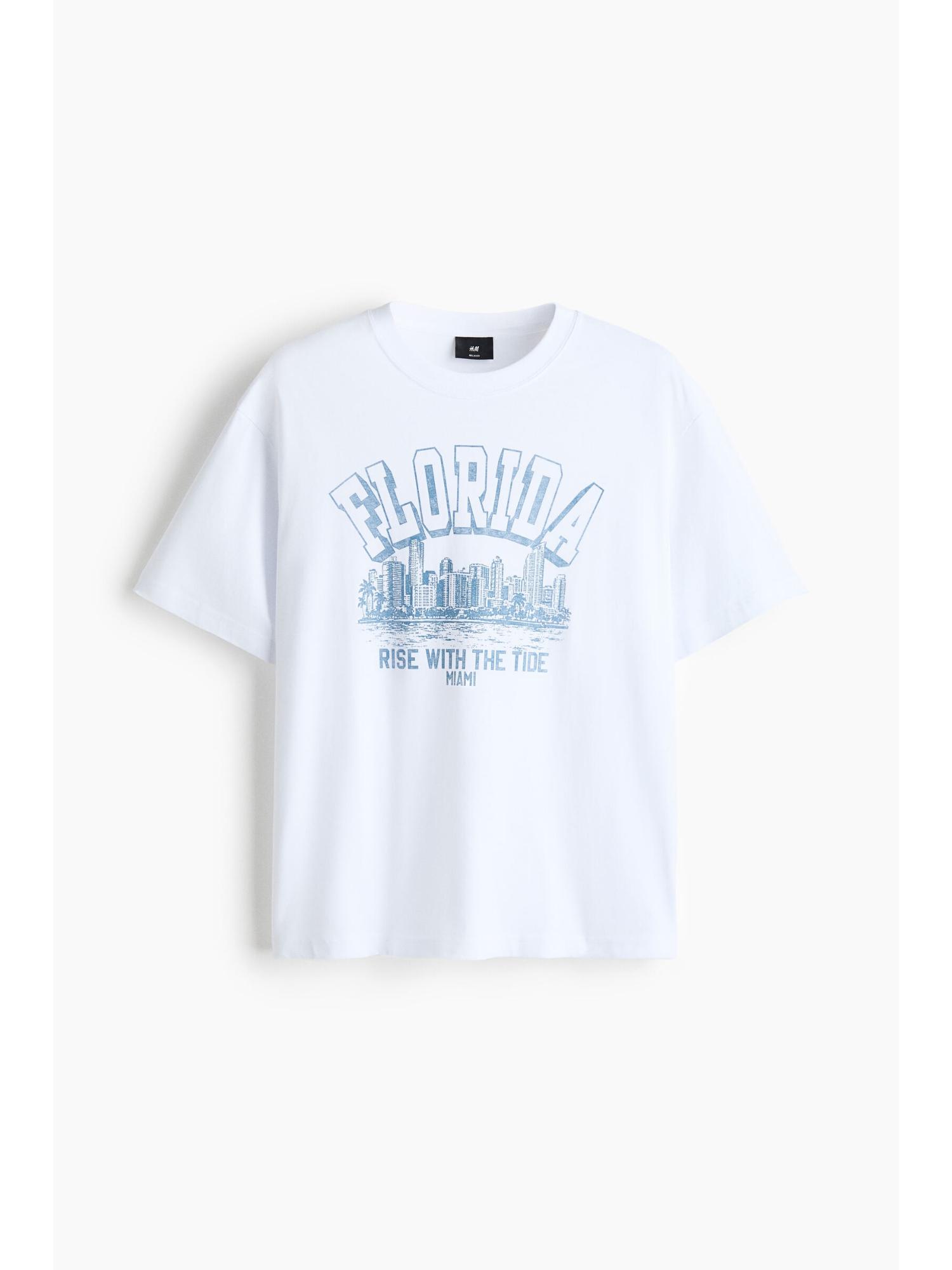 H&M Men White Loose Fit Printed T-Shirt