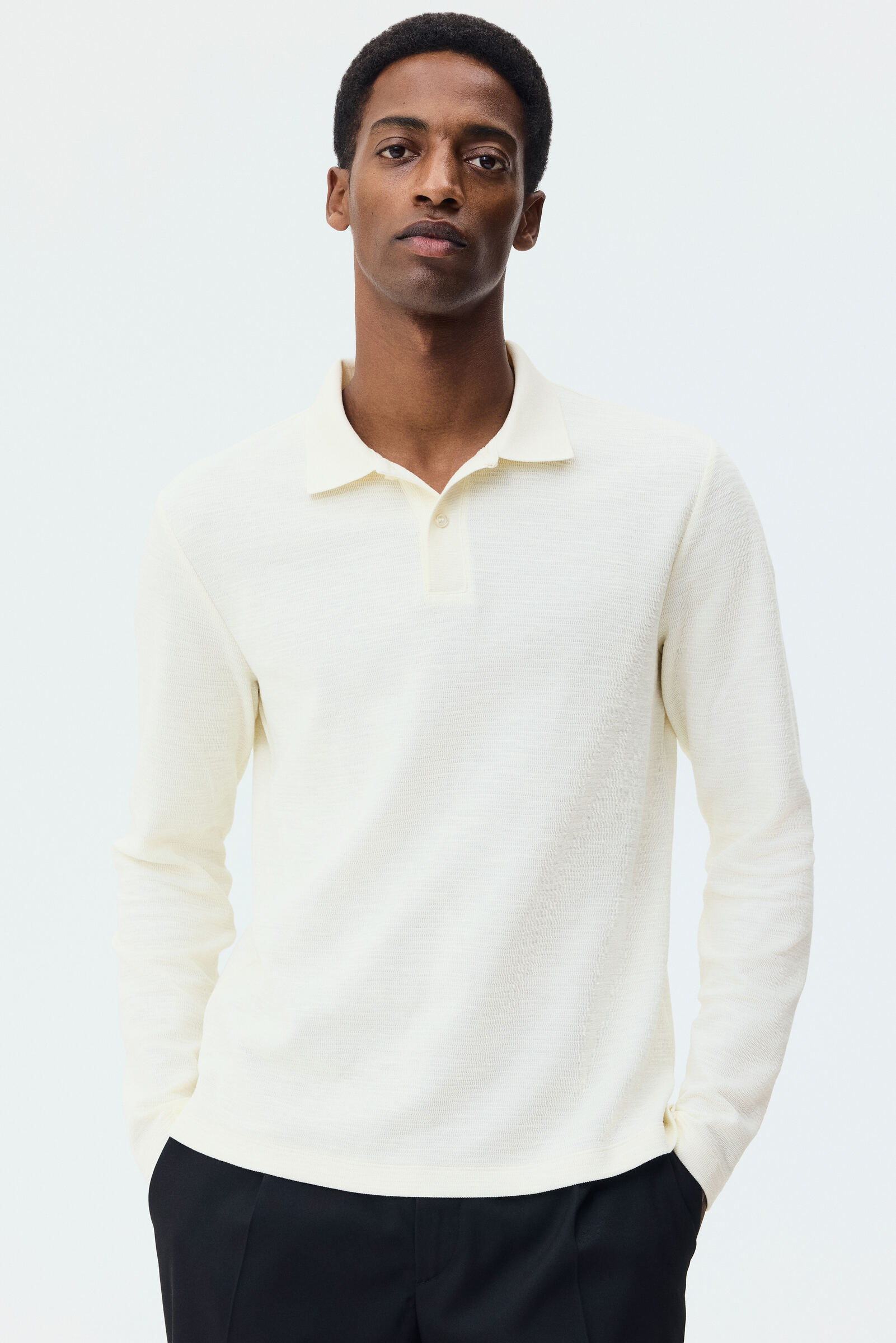 H&M Men White Slim Fit Long-Sleeve Polo Shirt