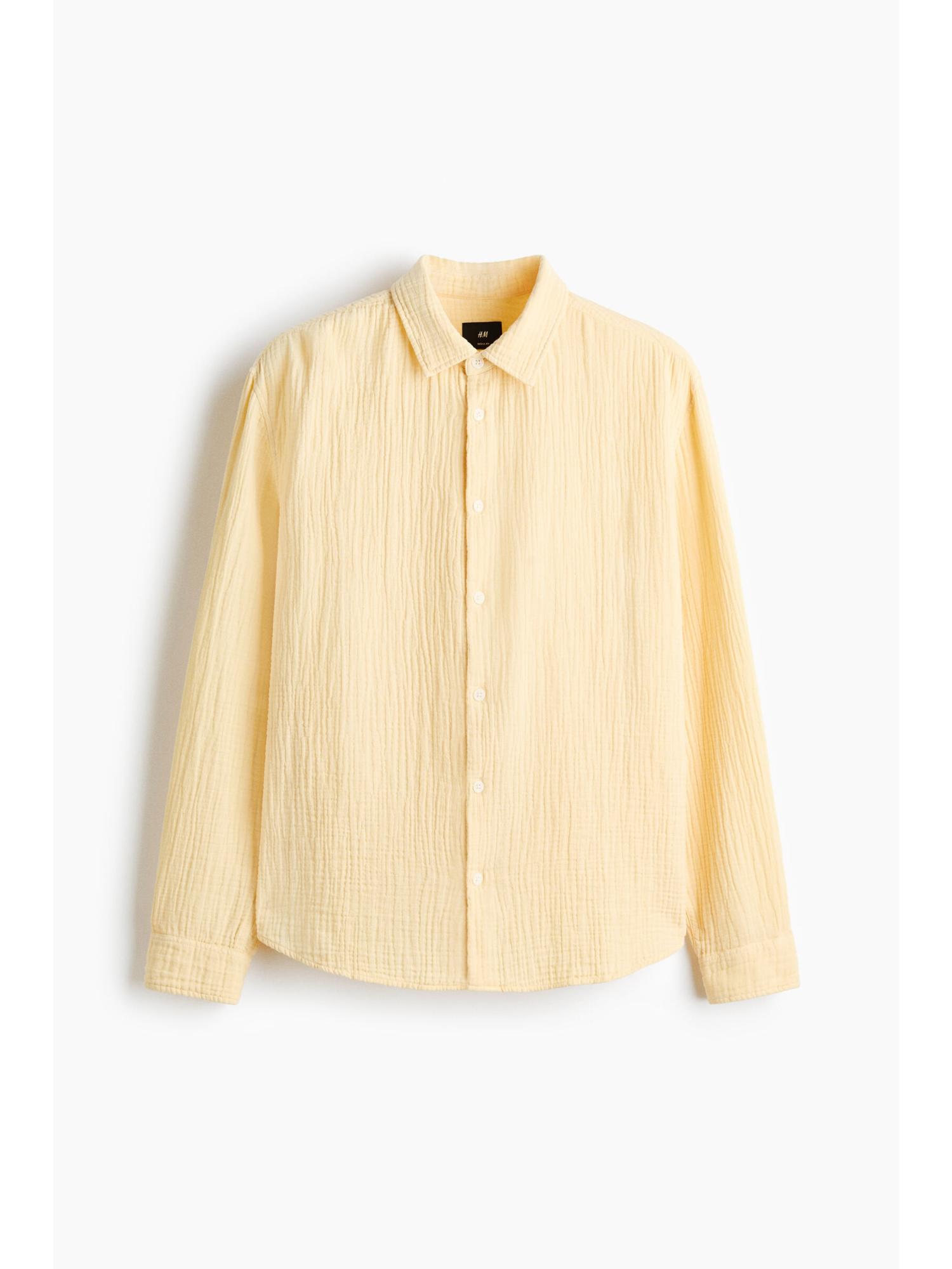H&M Men Yellow Relaxed Fit Cotton Muslin Shirt