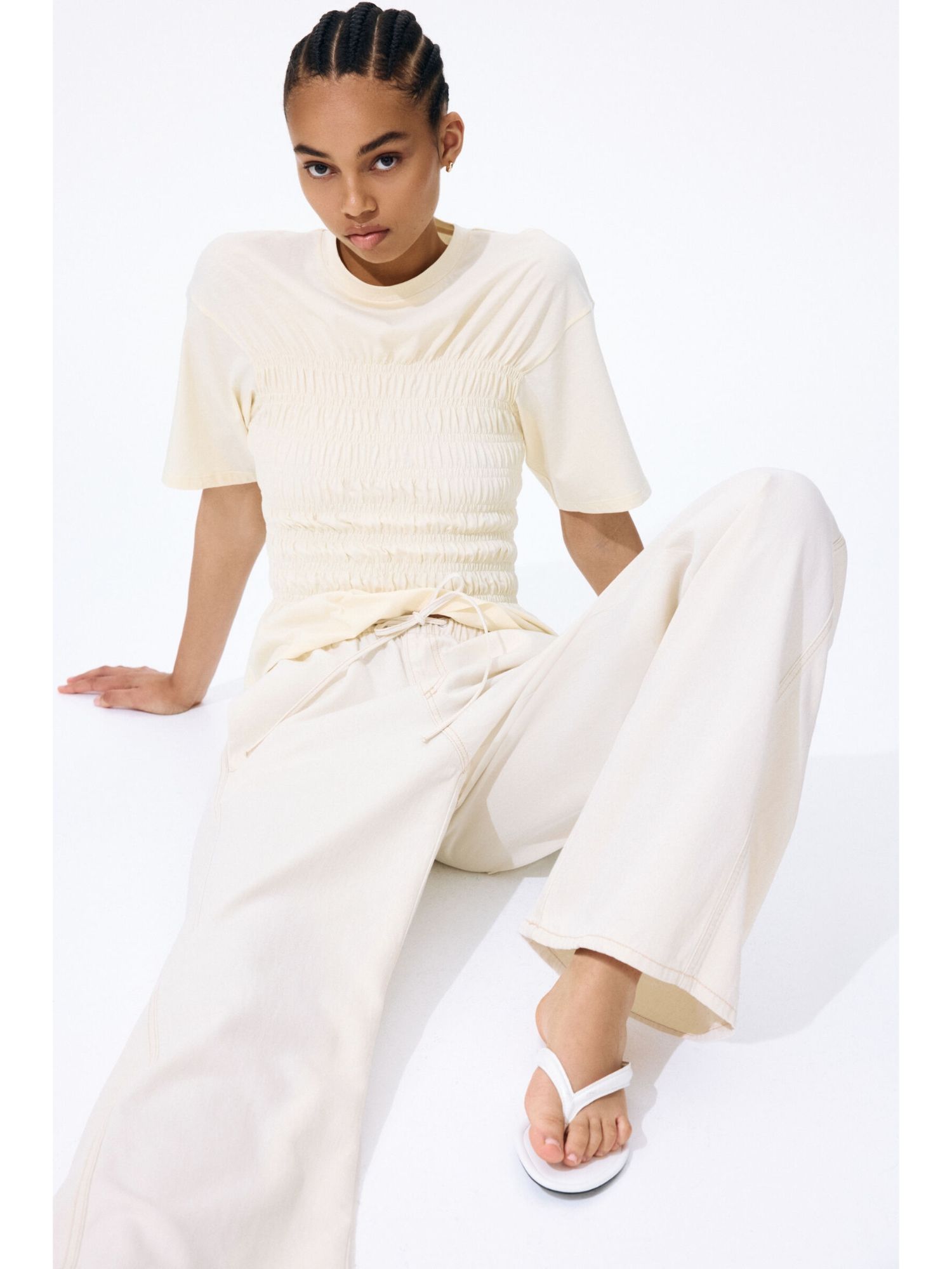 H&M Women Beige Denim Drawstring Trousers