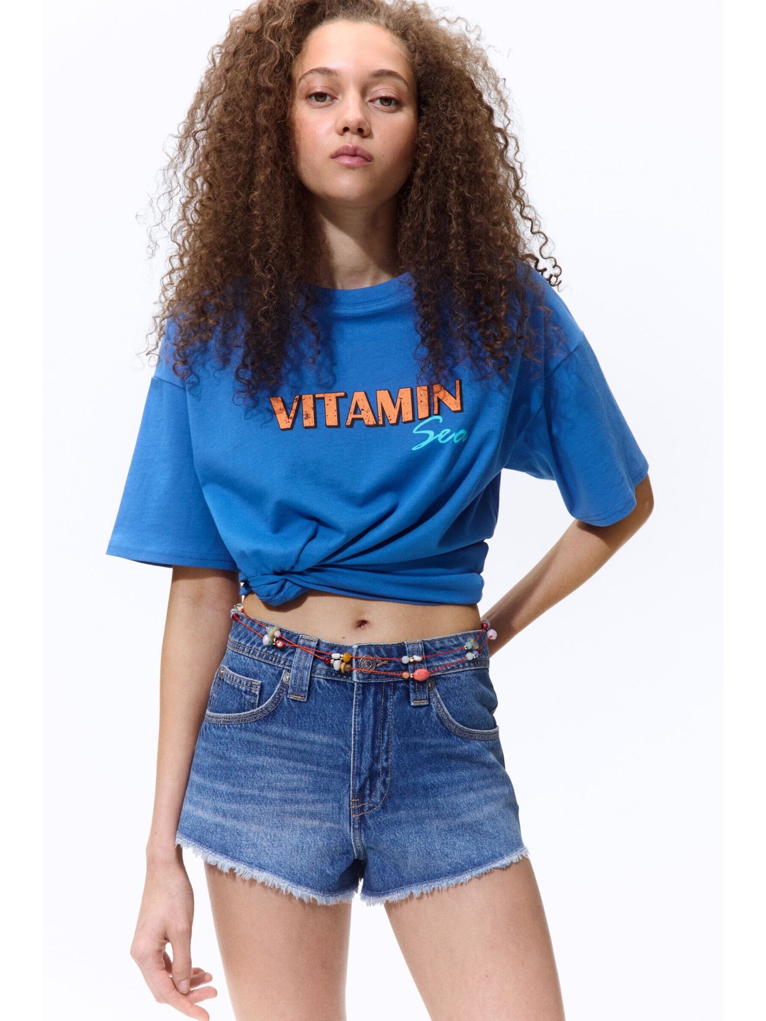H&M Women Blue Oversized Printed T-Shirt