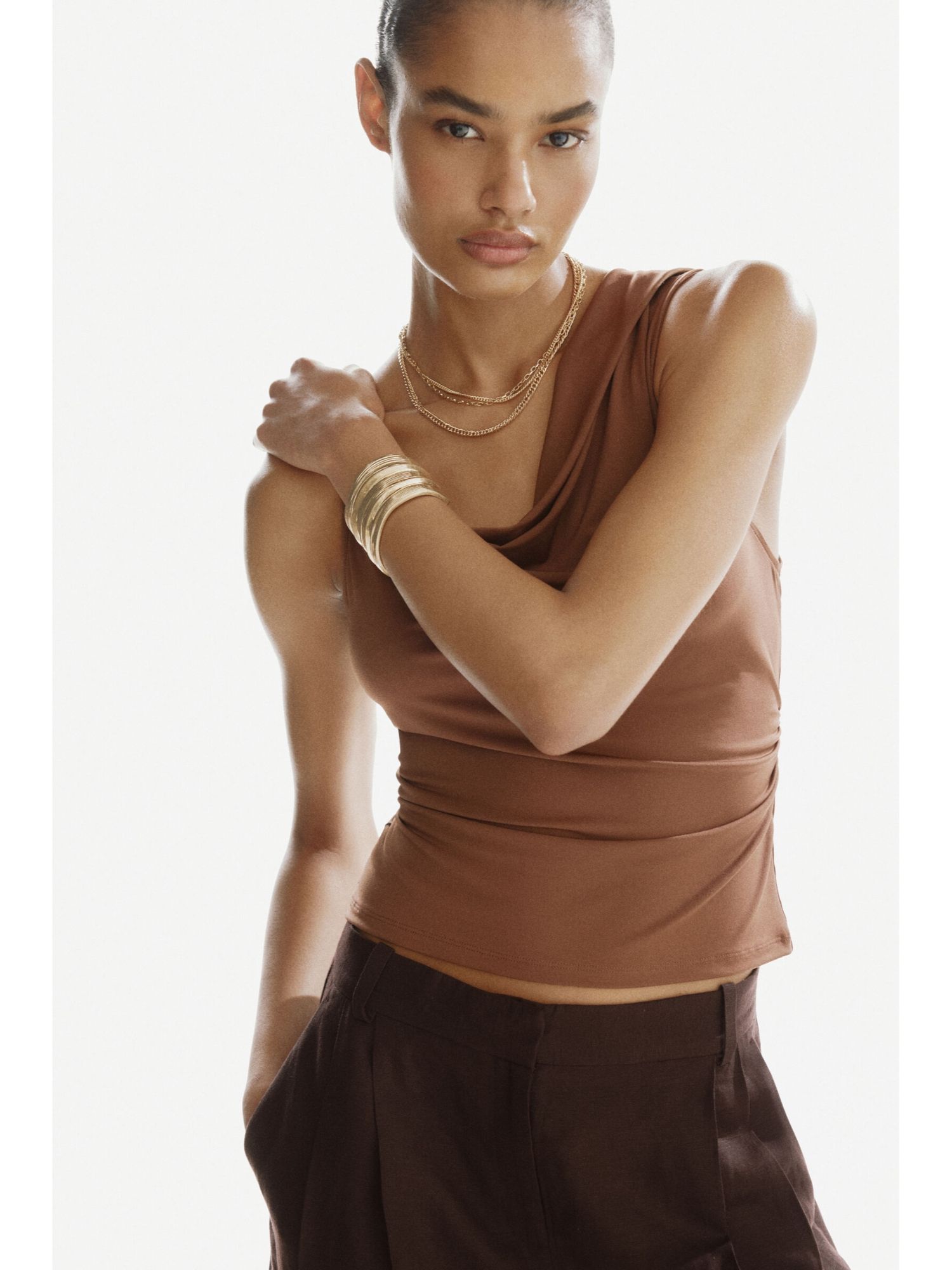 H&M Women Brown Draped Asymmetric Top