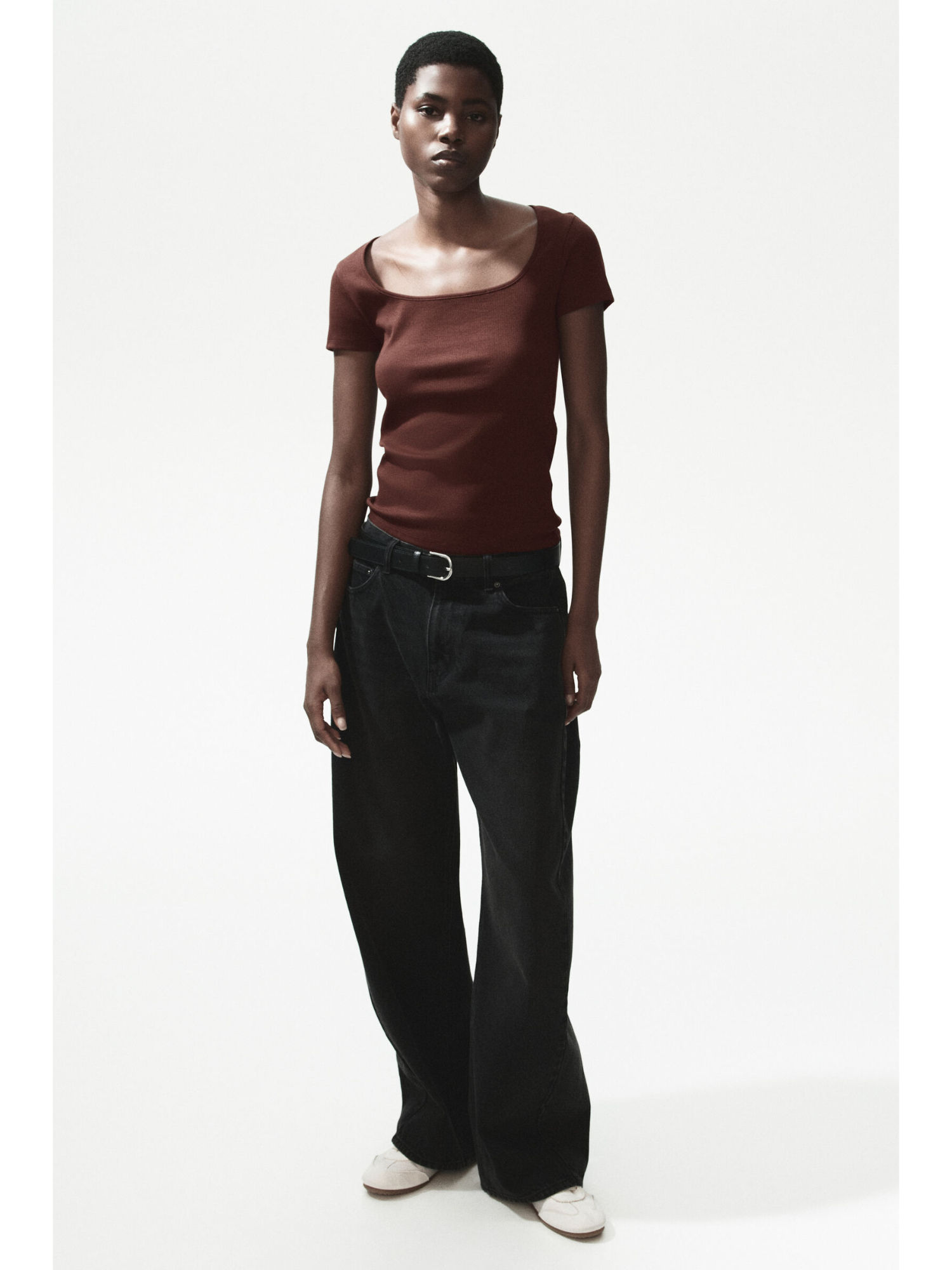 H&M Women Brown Ribbed Cotton T-Shirt