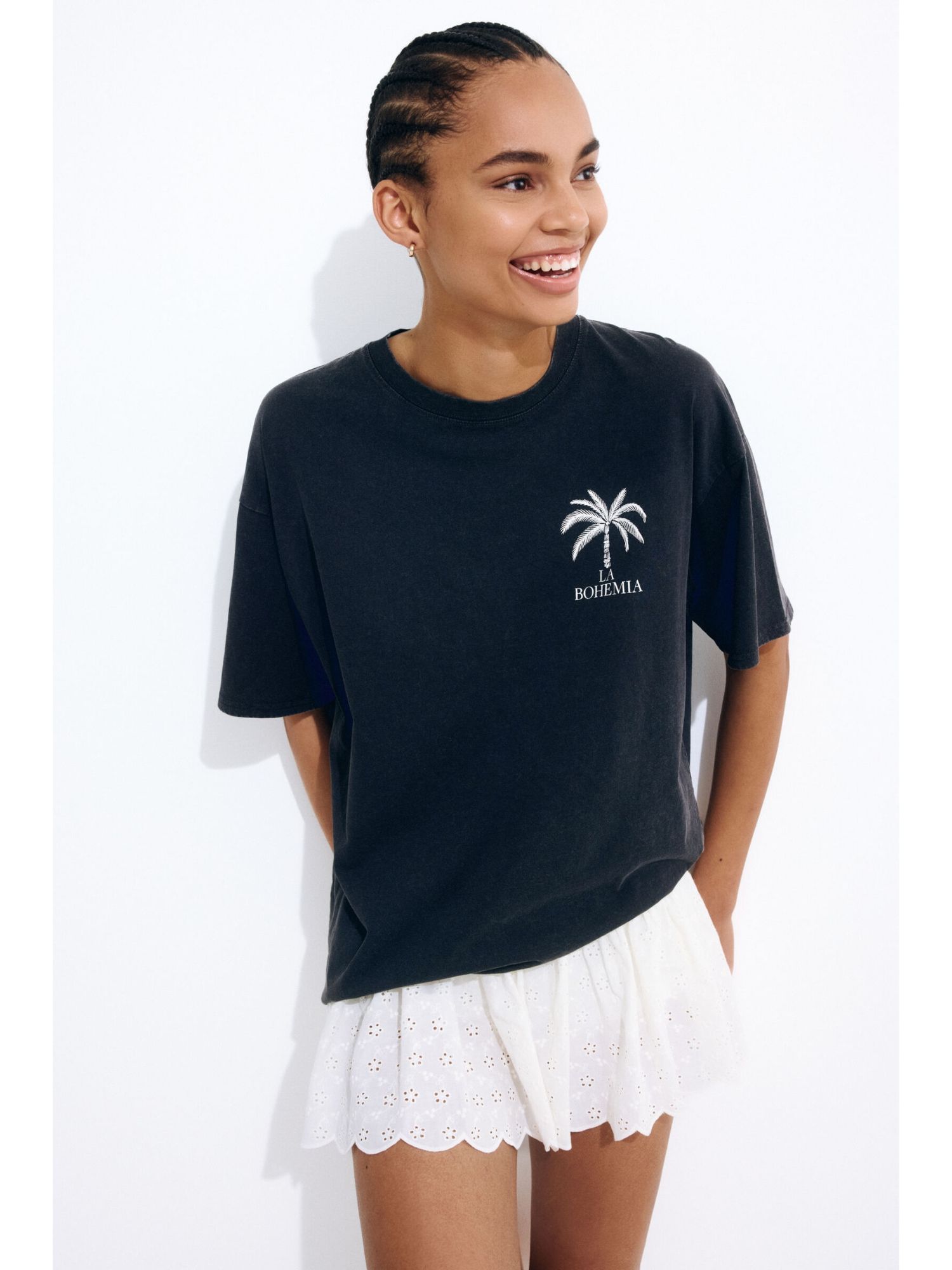 H&M Women Grey Oversized Printed T-Shirt