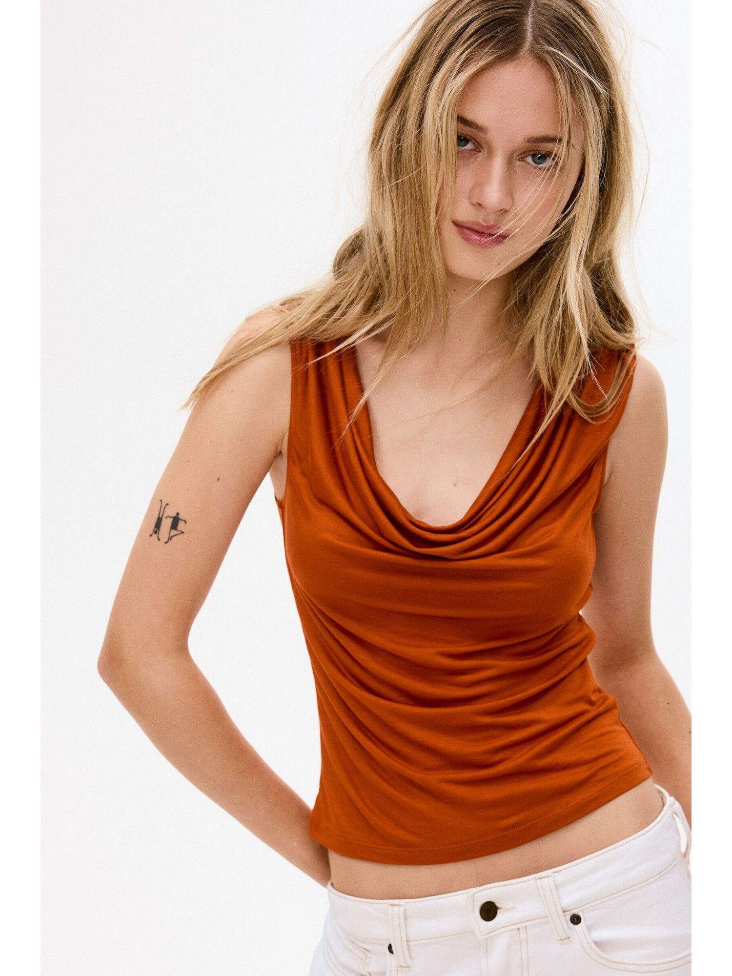 H&M Women Orange Cowl-Neck Jersey Top