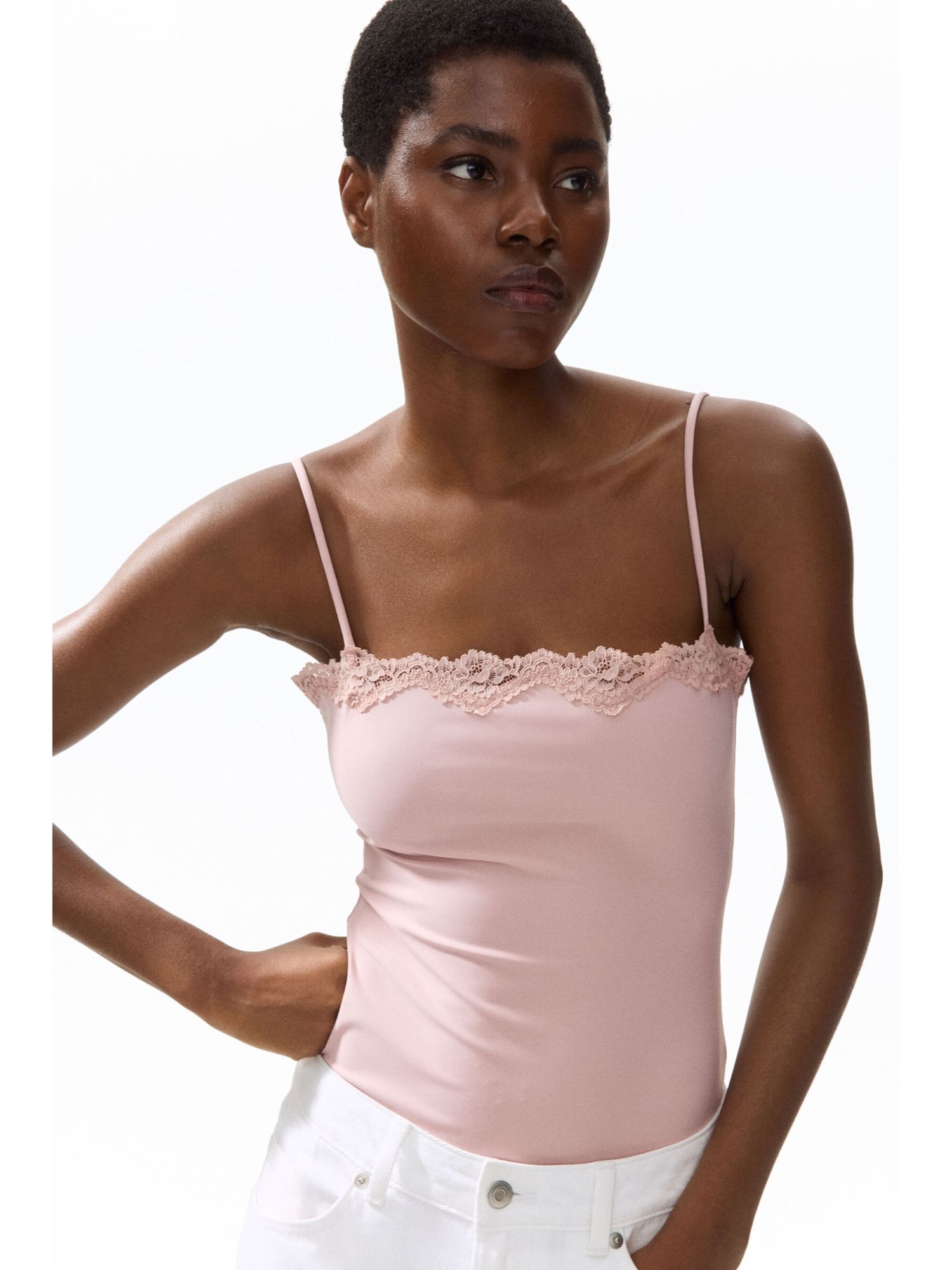H&M Women Pink Lace-Trimmed Strappy Body