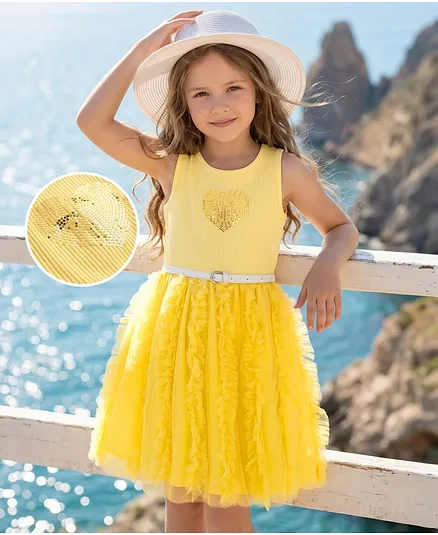 Hola Bonita Cotton Knit One Piece Dresses/Frocks Sleeveless Sequin Heart Yellow 7-8 Years