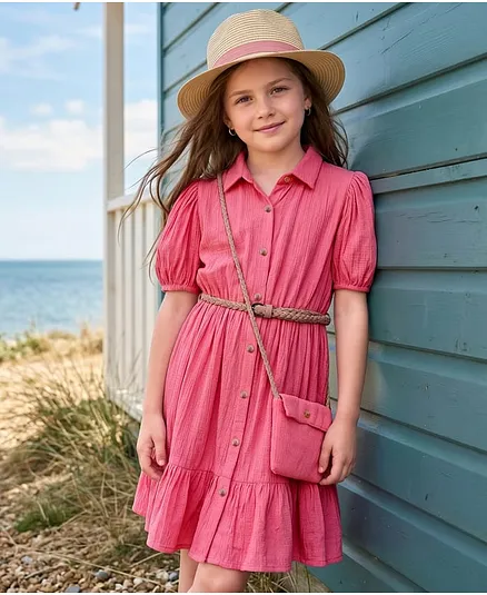 Hola Bonita Cotton Rayon Woven Half Sleeves Solid Textured Dress with Belt & Sling Bag - Pink