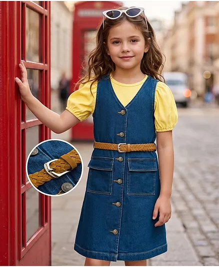 Hola Bonita Cotton Woven Solid Dress & Half Sleeves Inner Tee with Belt - Blue