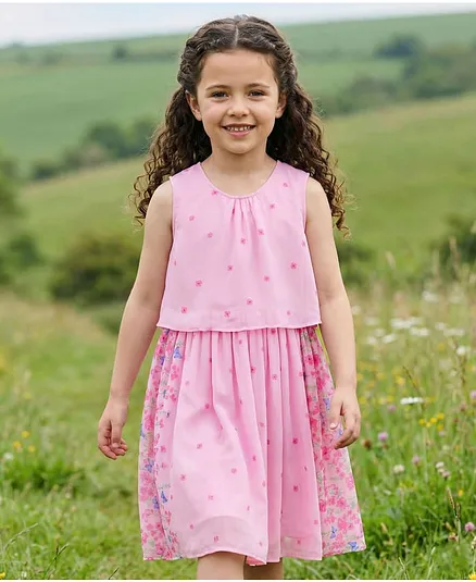 Hola Bonita Georgette Sleeveless Border Floral Print Layered Frock - Pink