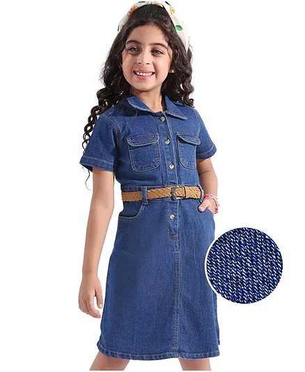 Hola Bonita Half Sleeves Denim Solid Shirt Dress - Blue