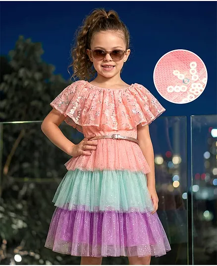 Hola Bonita Knit Floral Cape Sleeves Foil Printed Party Dress With Belt - Multicolor