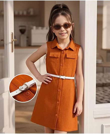 Hola Bonita Knit Sleeveless Solid Textured Fabric Dress with Belt - Rust Orange