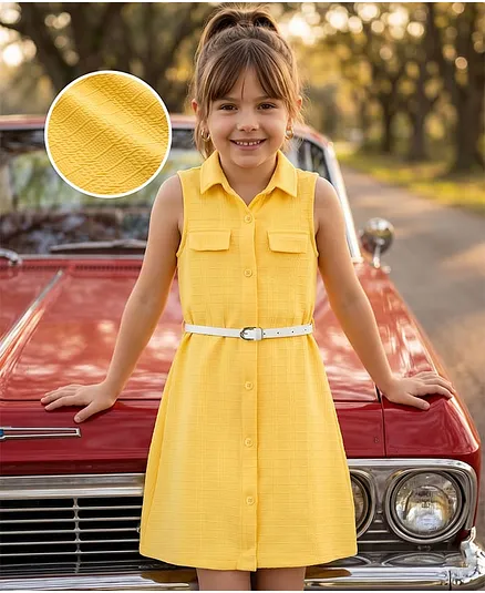 Hola Bonita Knit Sleeveless Solid Textured Fabric Dress with Belt - Yellow