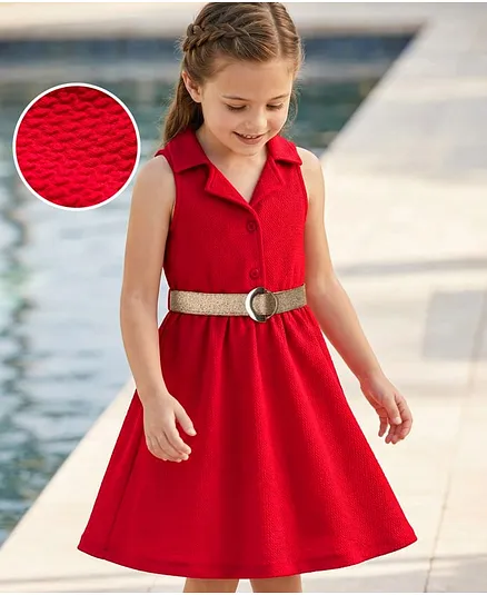 Hola Bonita Knit Sleeveless Textured Fabric Solid Shirt Dress  With Belt - Red