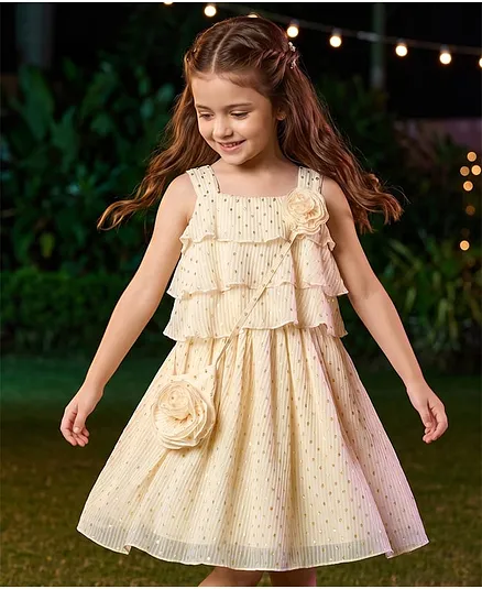 Hola Bonita Woven Foil Printed Tiered Sleeveless Party Dress With Pouch - Off White