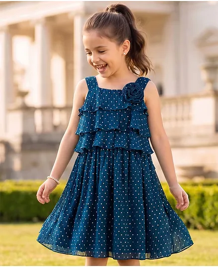 Hola Bonita Woven Foil Printed Tiered Sleeveless Party Dress With Sling Bag - Teal Blue