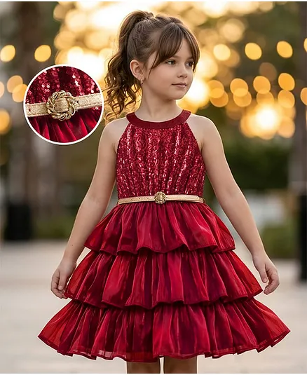 Hola Bonita Woven Sleeveless Sequinned Layered Party Wear Dress With Belt - Wine