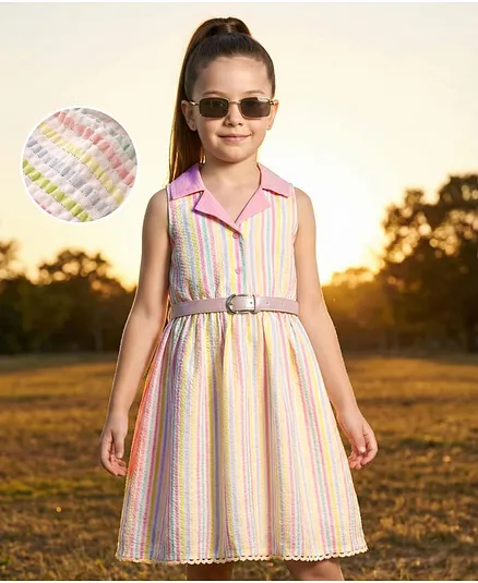 Hola Bonita Woven Sleeveless Striped Knee Length Shirt Dress with Belt - White & Pink