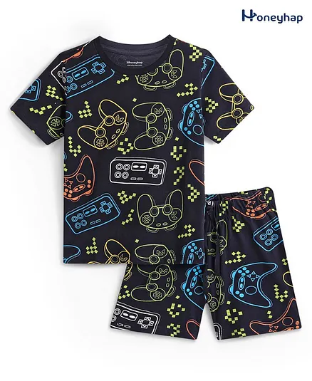 Honeyhap 100% Cotton Single Jersey Gaming Console Printed Night Suit with Bio Finish - Black