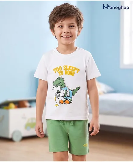 Honeyhap Premium 100% Cotton Half Sleeves Bio Finish T-Shirt & Shorts Night Suit with Dino Print - White & Turf Green
