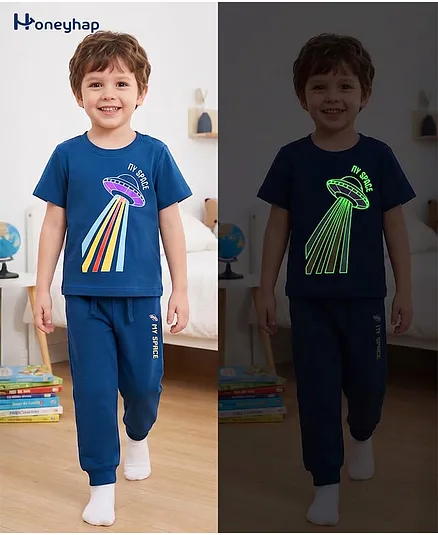 Honeyhap Premium 100% Cotton Knit Full Sleeves T-Shirt & Pyjama Night Suit With UFO Print & Bio Finish - Royal Blue