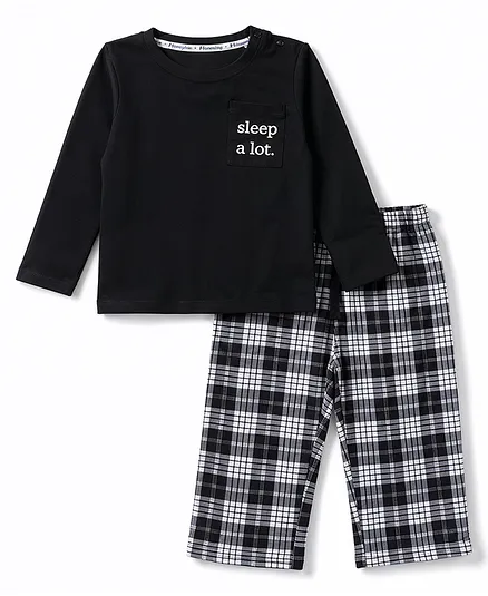Honeyhap Premium 100% Cotton Knit Full Sleeves Text Printed T-Shirt & Pajama Night Suit with Bio Finish & Checks - Black Beauty