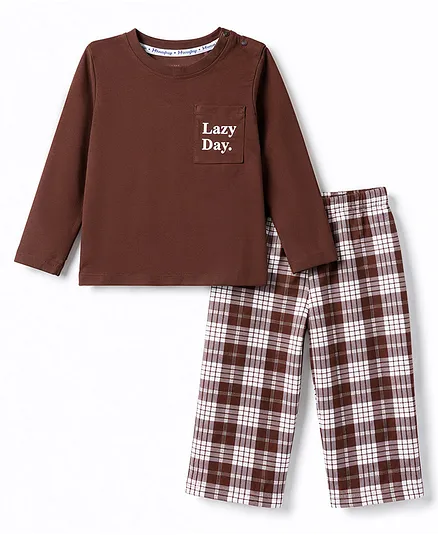 Honeyhap Premium 100% Cotton Knit Full Sleeves Text Printed T-Shirt & Pajama Night Suit with Bio Finish & Checks - Brown