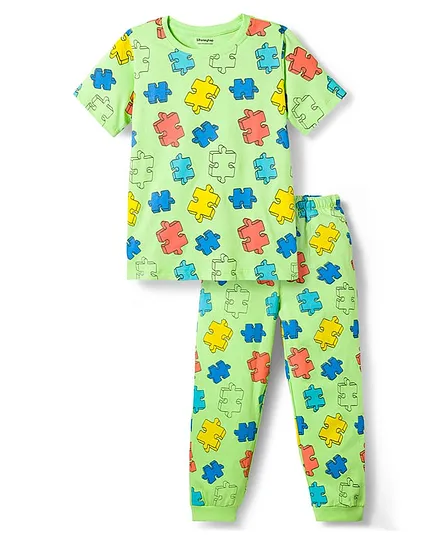 Honeyhap Premium 100% Cotton Knit Half Sleeves Printed Co-ord T-Shirt Pyjama Night Suit -  Sap Green