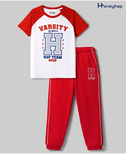 Honeyhap Premium 100% Cotton Knit with Bio Finish Half Raglan Sleeves T-Shirt & Pyjama Night Suit with Varsity Print - Bright White & High Risk Red