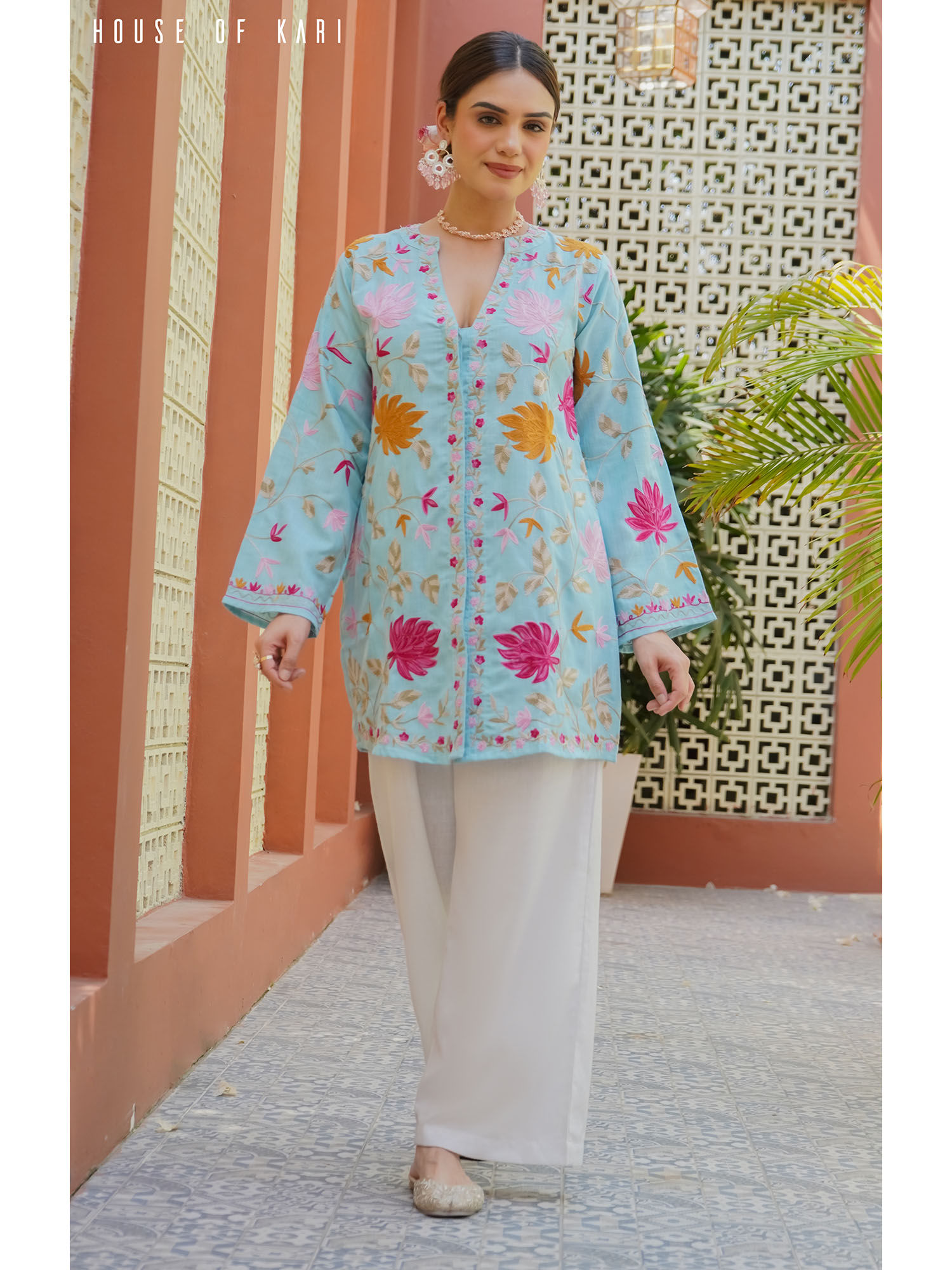HOUSE OF KARI Kashmiri Aari Work Cotton Kurti in Sky Blue