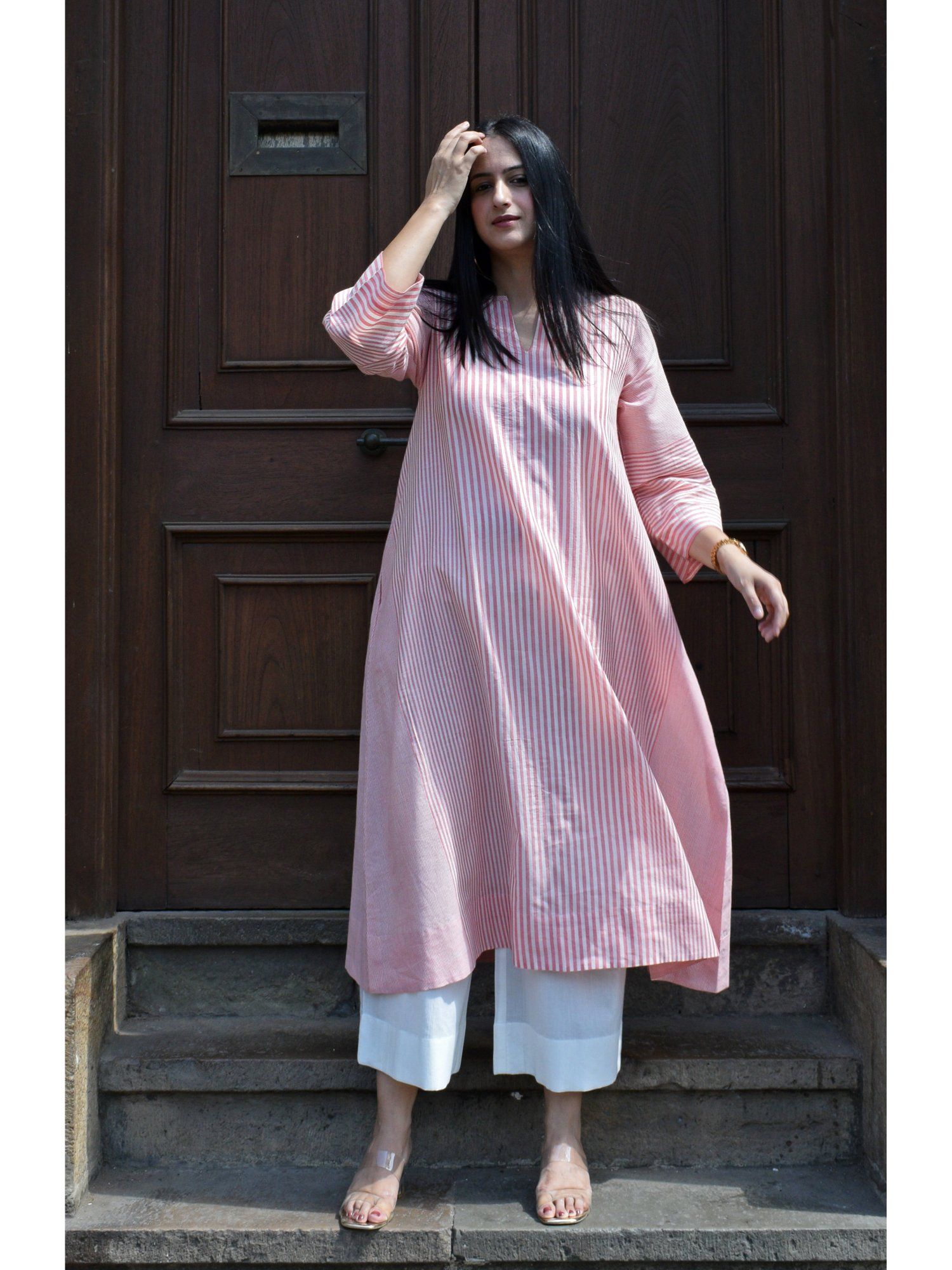 HOUSE OF MOXA Coral Stripe A line kurta with slip in Handwoven cotton