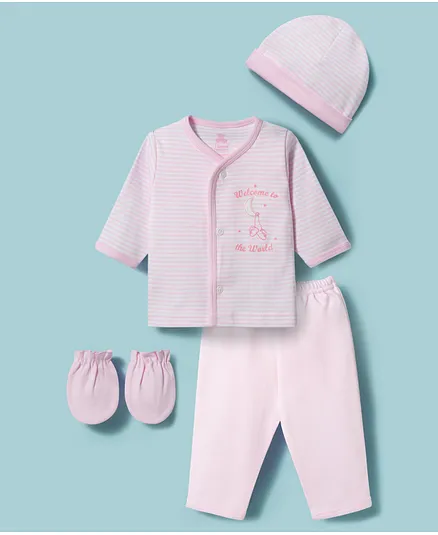 I Bears Interlock Knit Full Sleeves Striped T-Shirt & Pyjama Night Suit With Mittens Cap & Moon Patch - Pink