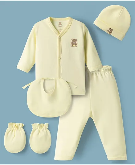 I Bears Interlock Knit Full Sleeves T-Shirt & Pyjama Night Suit With Cap Mittens & Bib & Bear Embroidery - Lemon Yellow