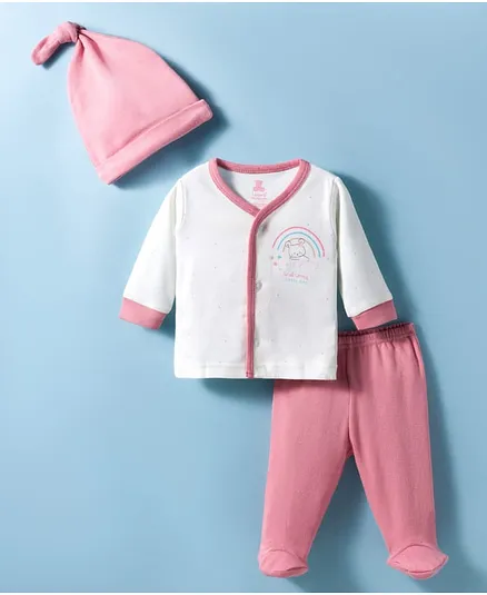 I Bears Knit Full Sleeves T-Shirt & Footed Jogger Set With Animal Print & Cap - Pink & White