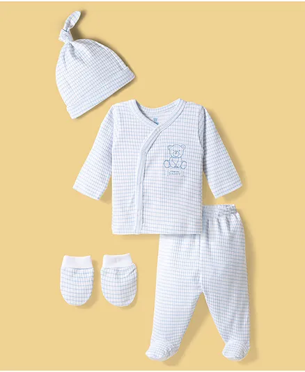 I Bears Knitted Full Sleeves Co-Ord T-Shirt & Footed Pyjama Checks Night Suit With Cap Mittens & Teddy Print - Blue