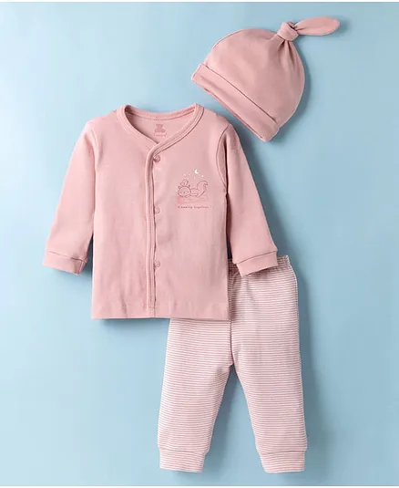 I Bears Knitted Full Sleeves T-Shirt & Striped Pyjama With Cap & Squirrel Print - Light Pink