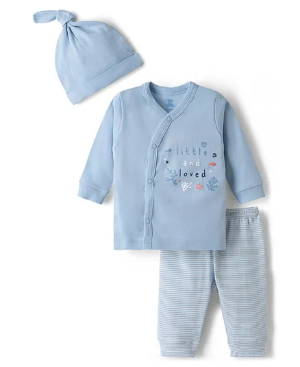 I Bears Knitted Full Sleeves T-Shirt With Striped Pyjama Night Suit With Cap & Sea Life Print - Light Blue