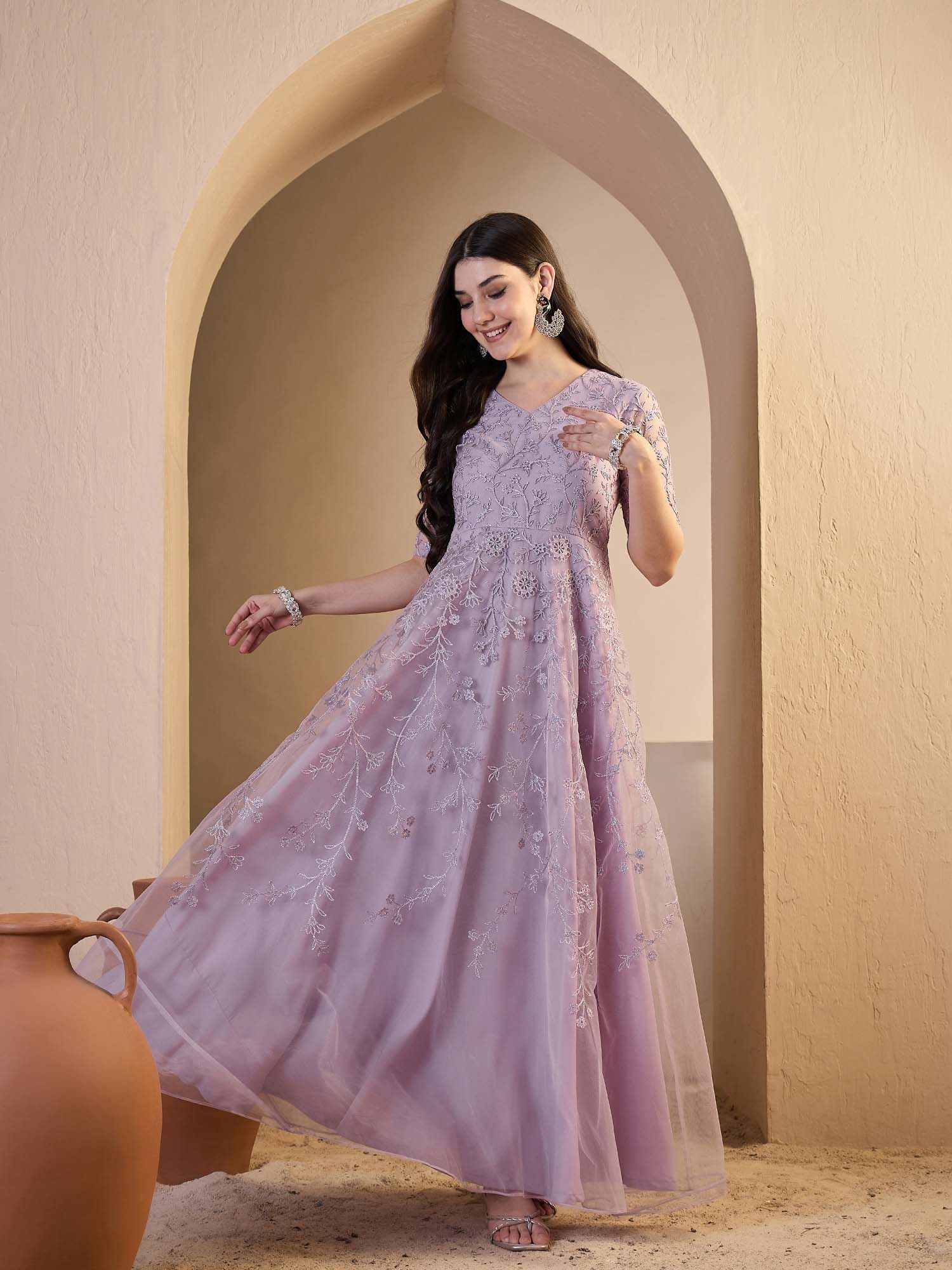 INDDUS Women Floral Thread Embroidered Ethnic Dresss