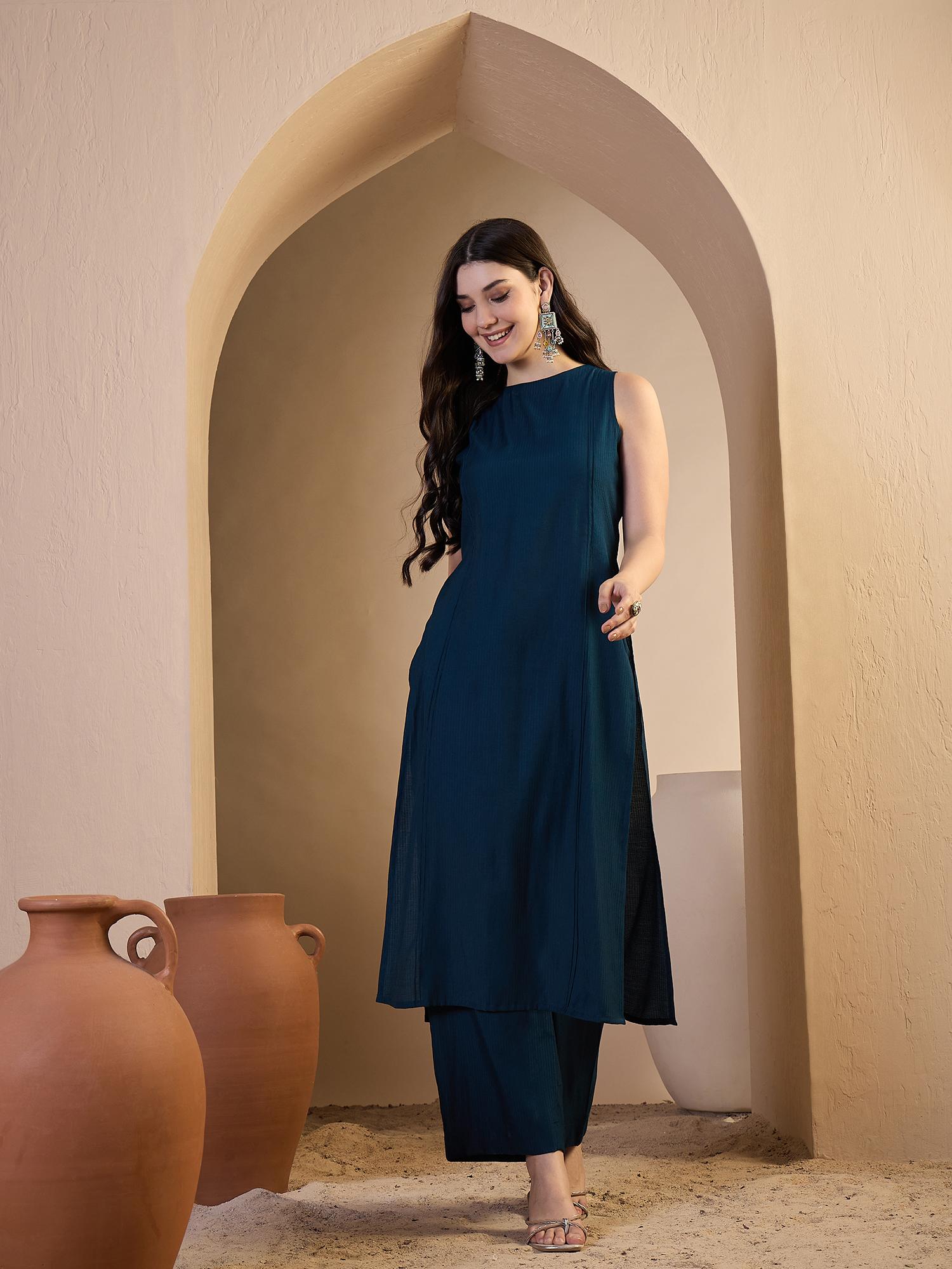INDDUS Women Solid Straight Kurta Palazzo