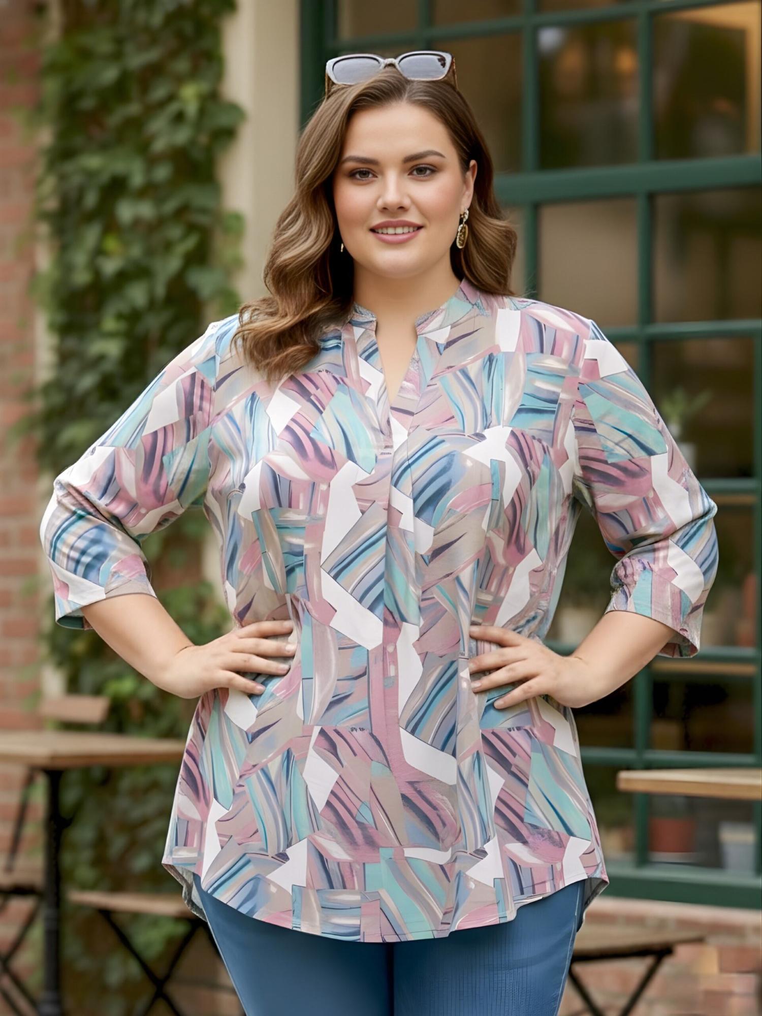 Indietoga Plus Size Women Plus Size Pink Abstract Print Rayon Centre Pleat Tunic - Pink