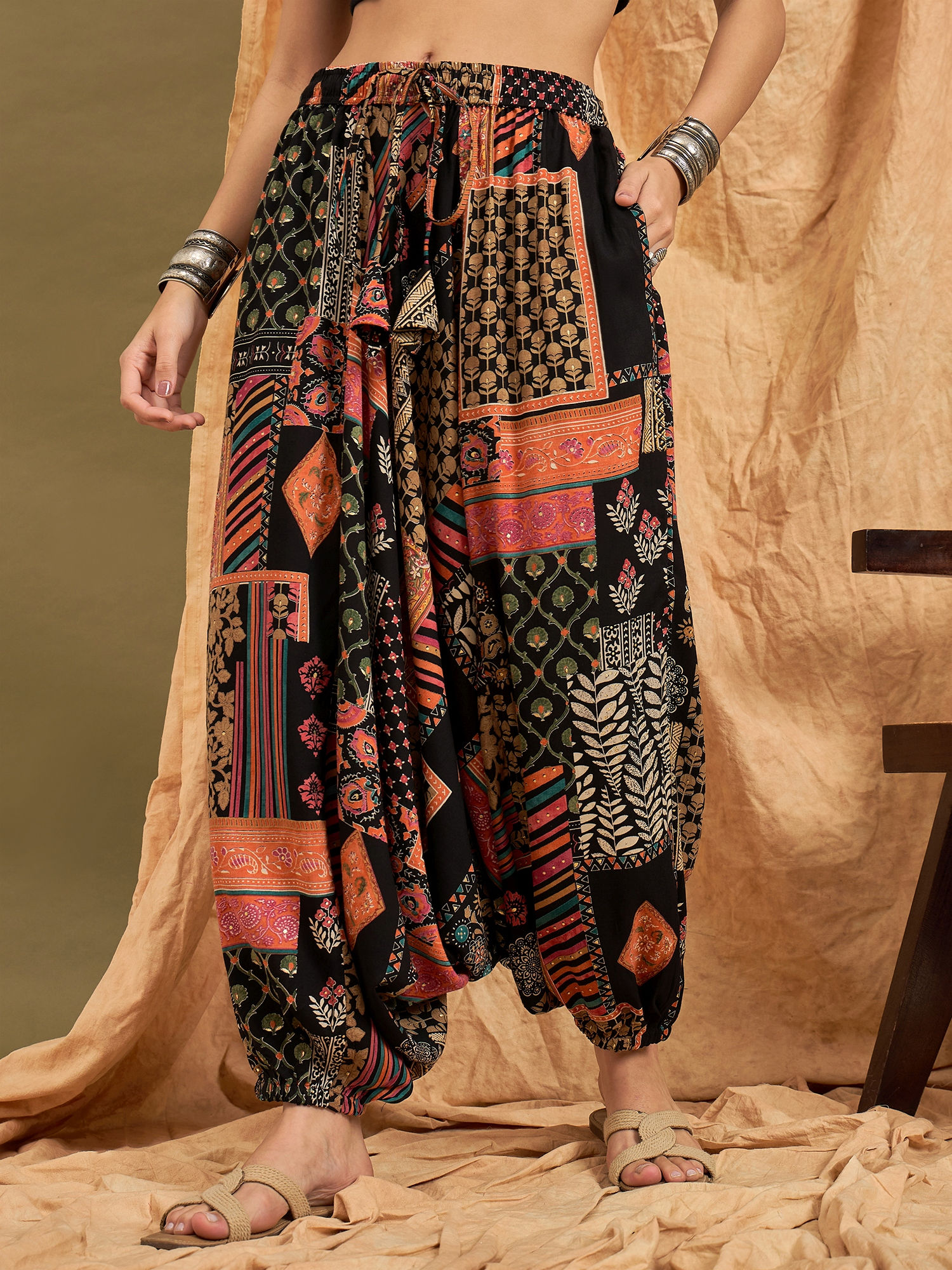 InWeave Black Multi Ethnic Cowl Harem Pant