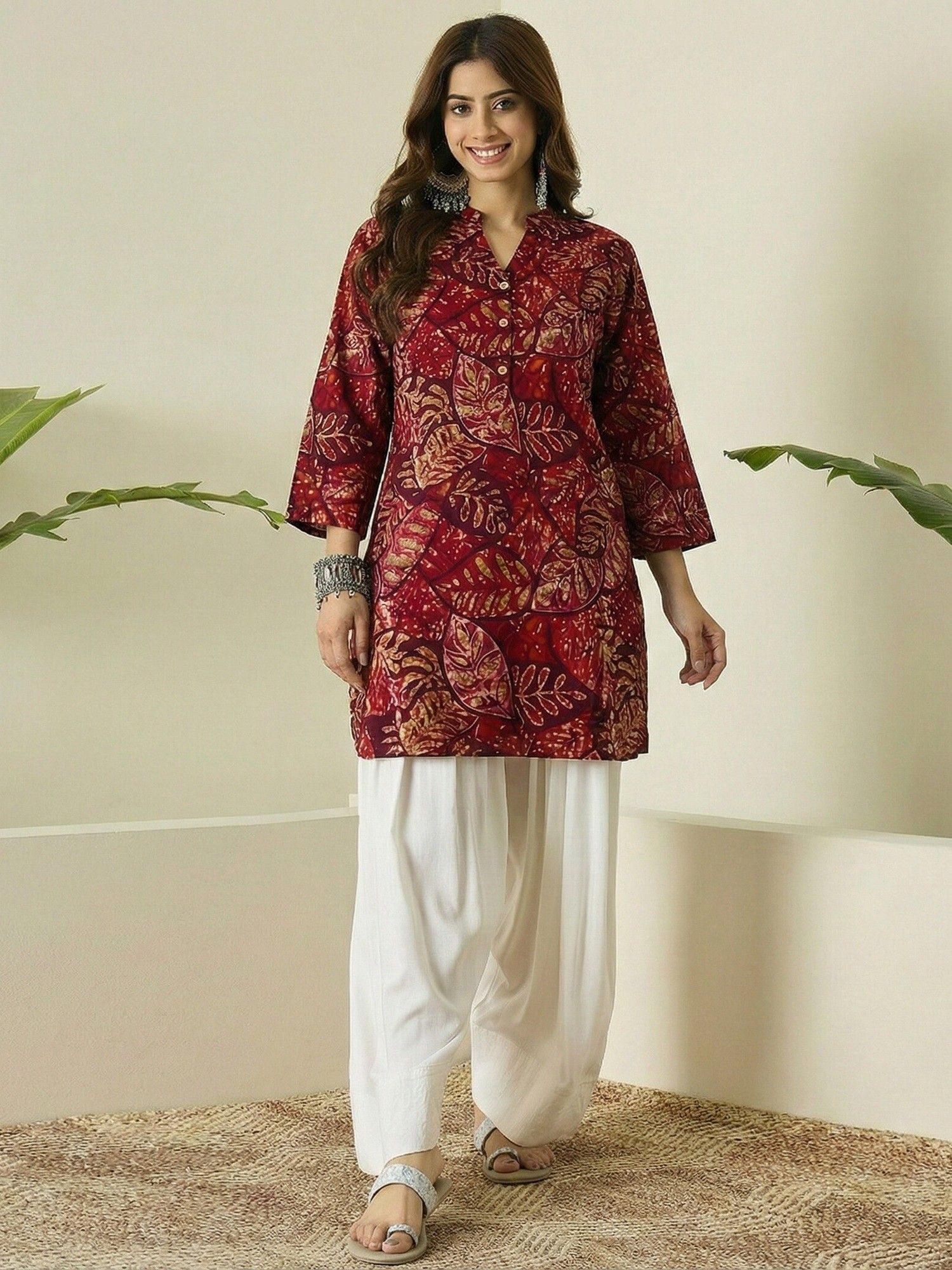 InWeave Maroon Leaf White Kurta with Salwar