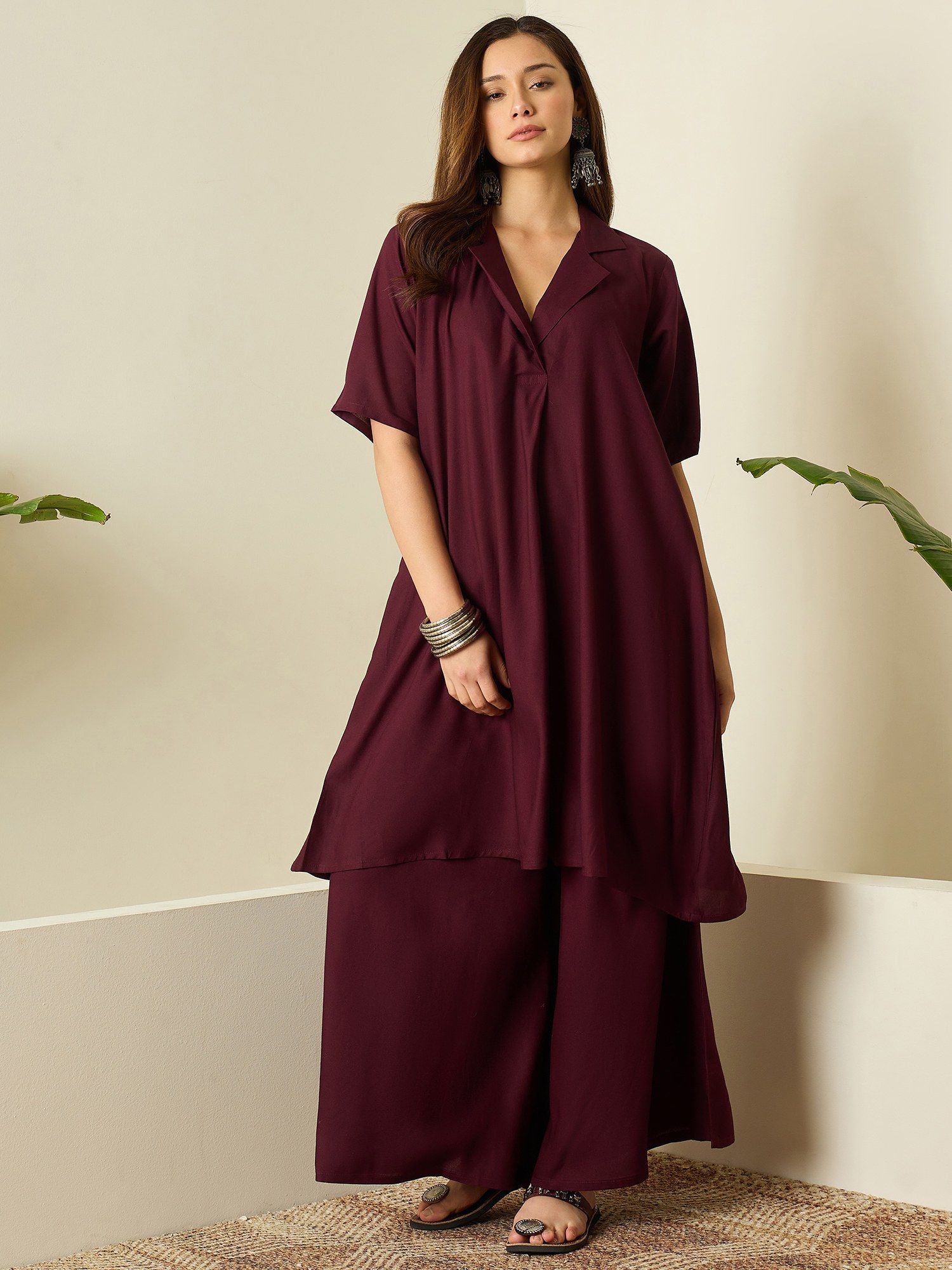 InWeave Women Wine Rayon V-Neck Kurta with Palazzo