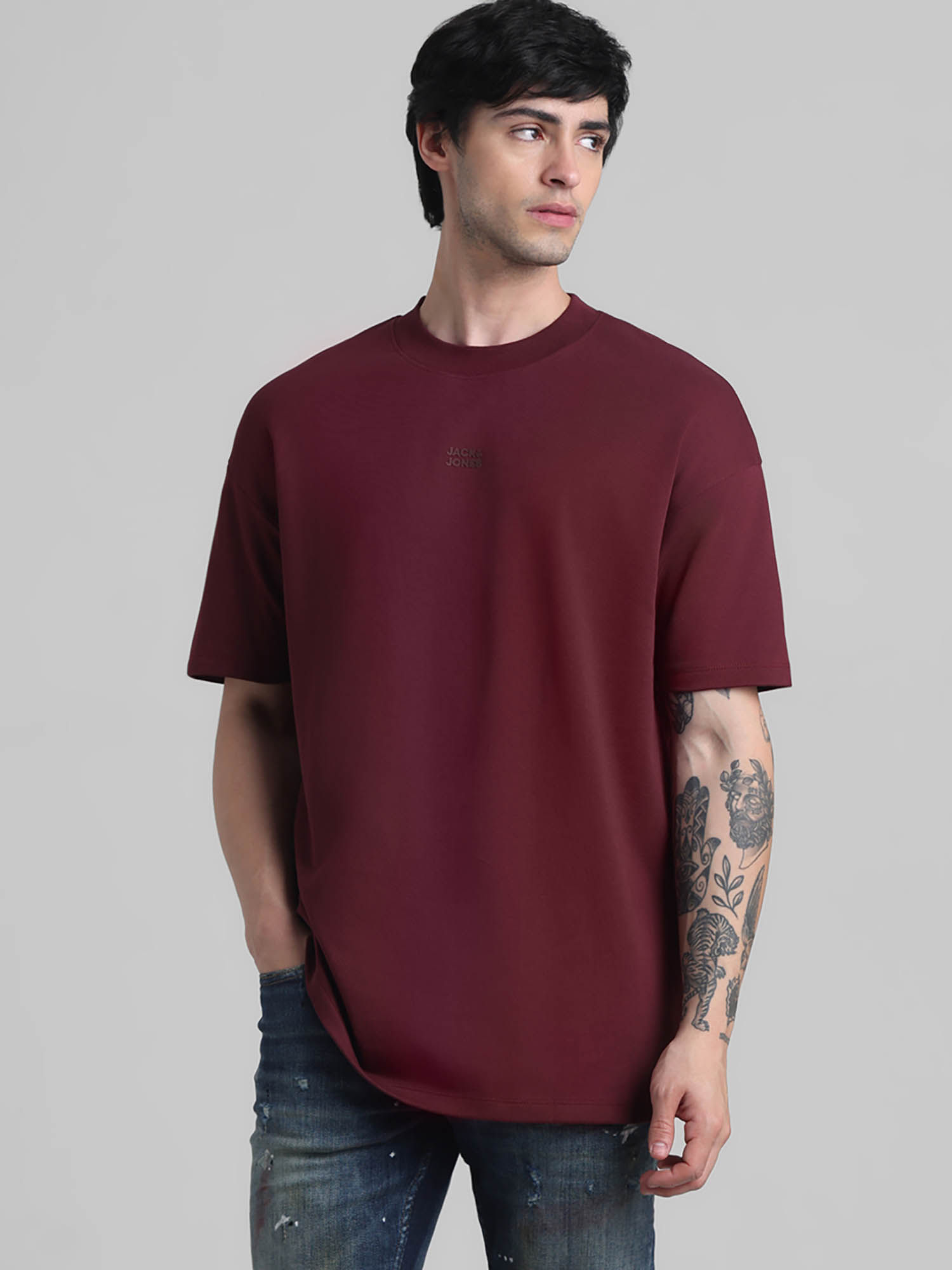Jack & Jones Maroon Drop Shoulder Boxy Fit Non Stretch T-Shirts