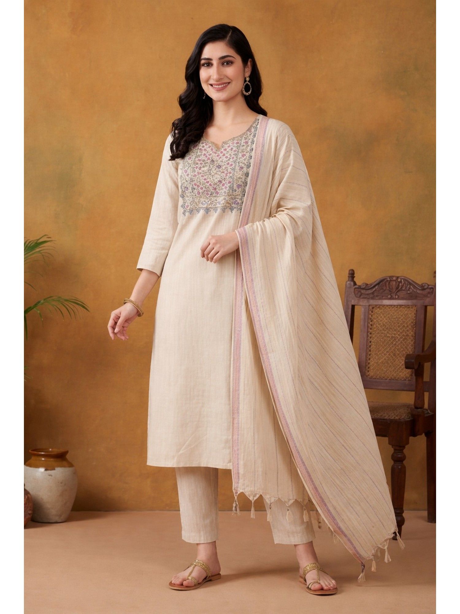 Jaipur Kurti Women Beige Straight Kurta with Pant and Dupatta