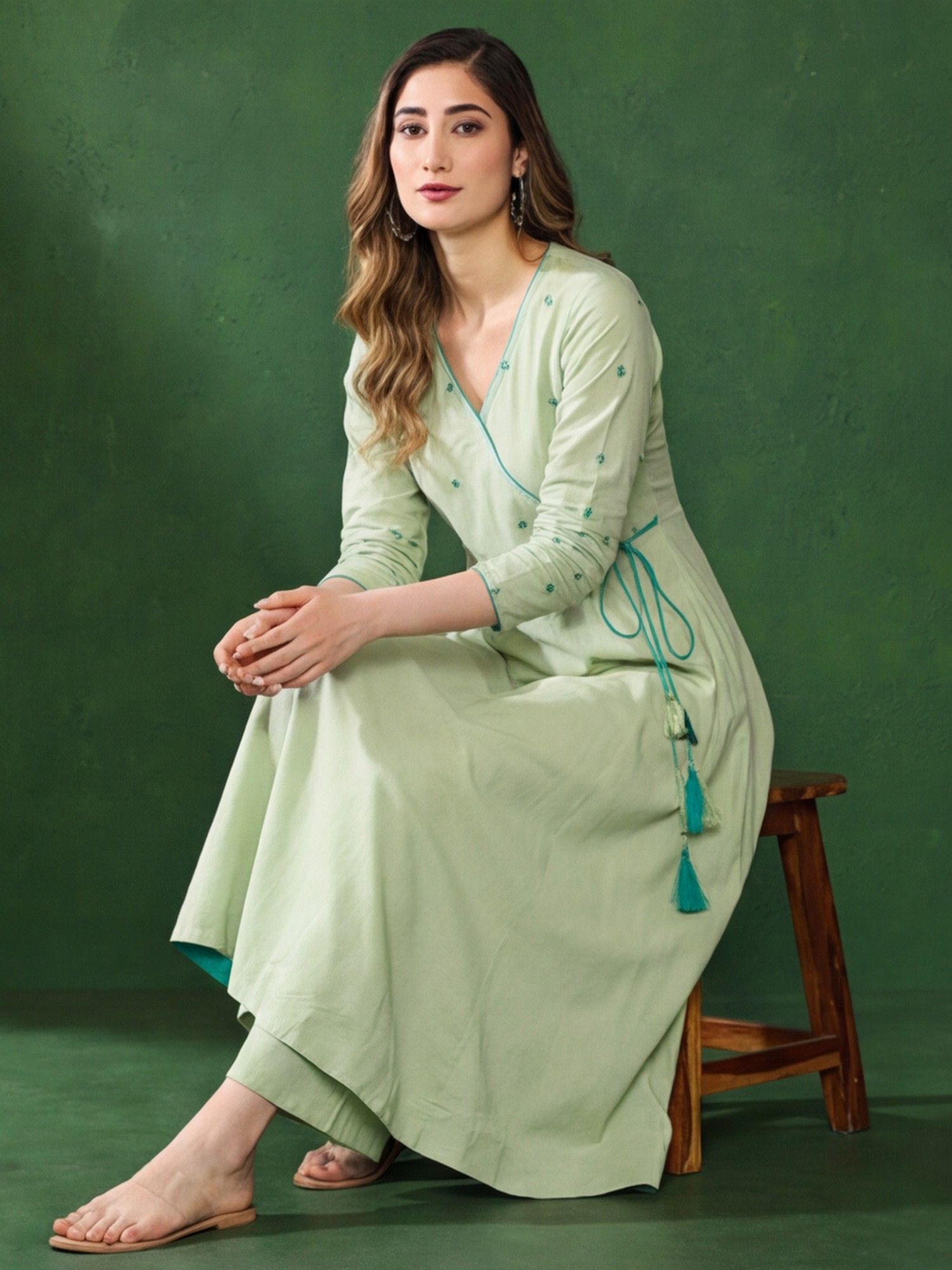 Jaipur Kurti Women Green Flared Kurta with Pant